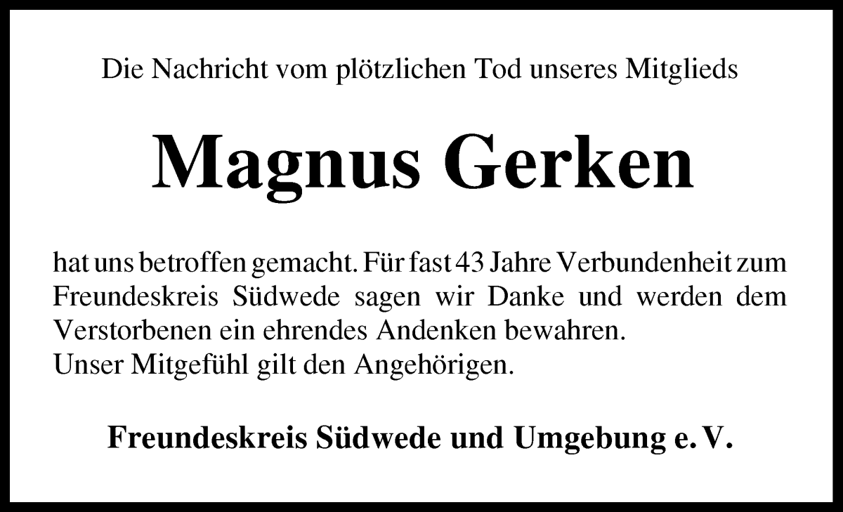 Traueranzeige von Magnus Gerken von Wuemme Zeitung