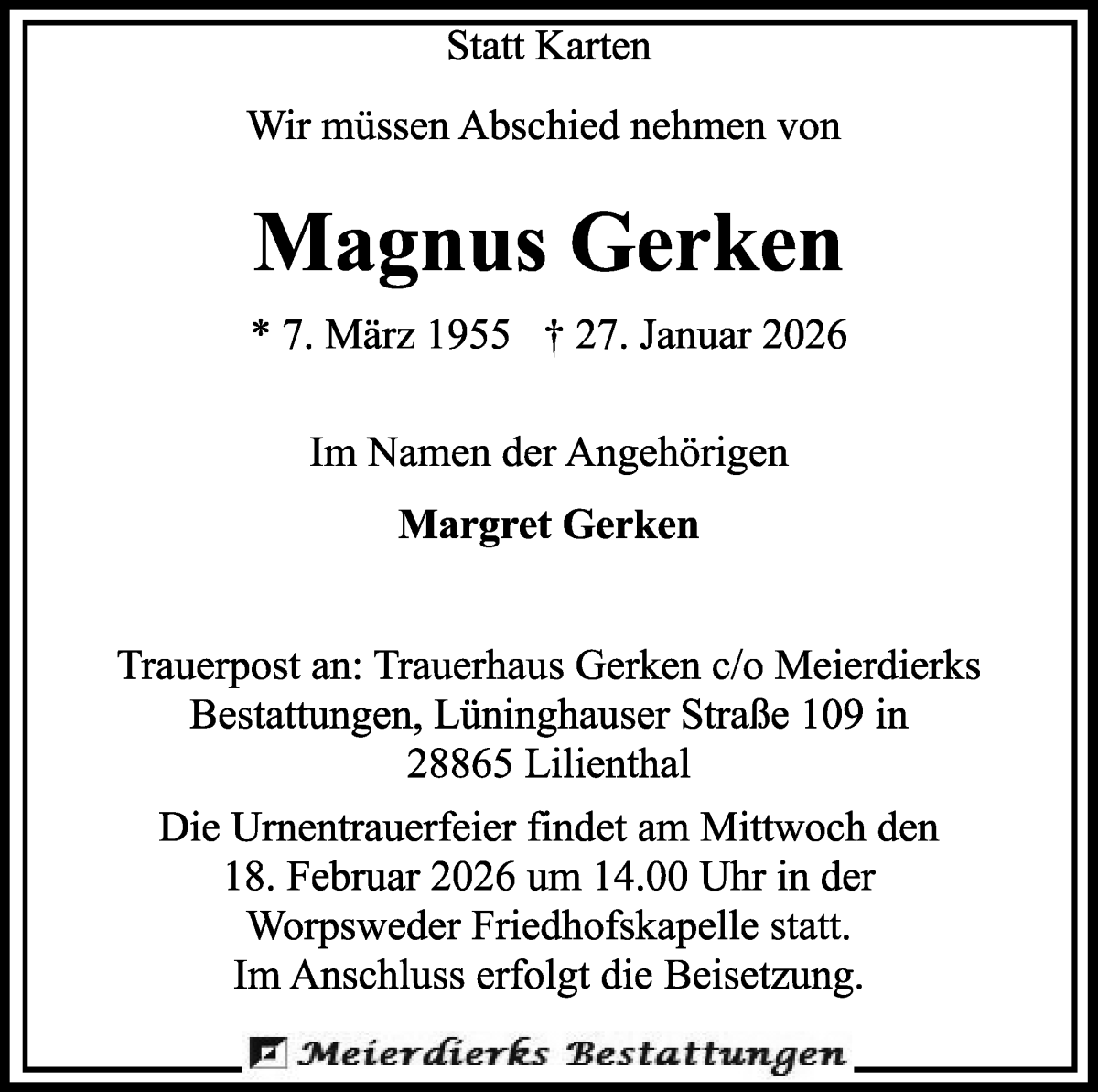 Traueranzeige von Magnus Gerken von Wuemme Zeitung