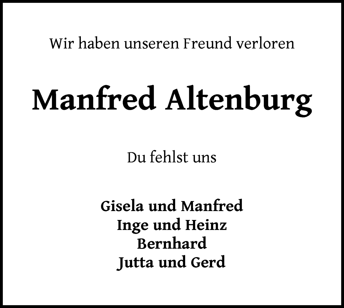 Traueranzeige von Manfred Altenburg von Die Norddeutsche