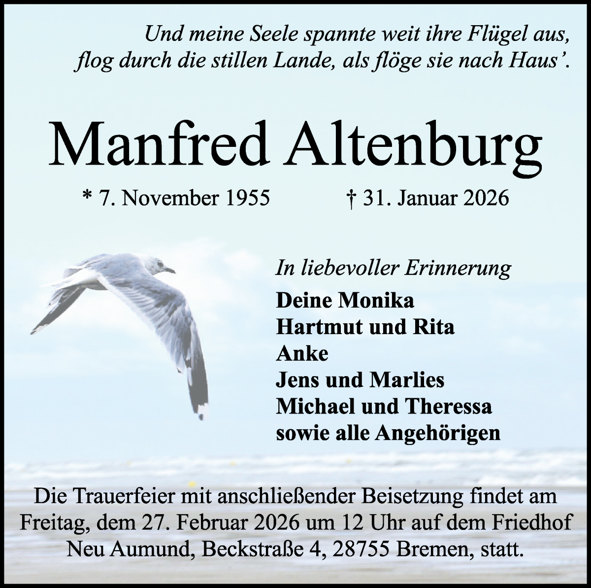 Traueranzeige von Manfred Altenburg von Die Norddeutsche