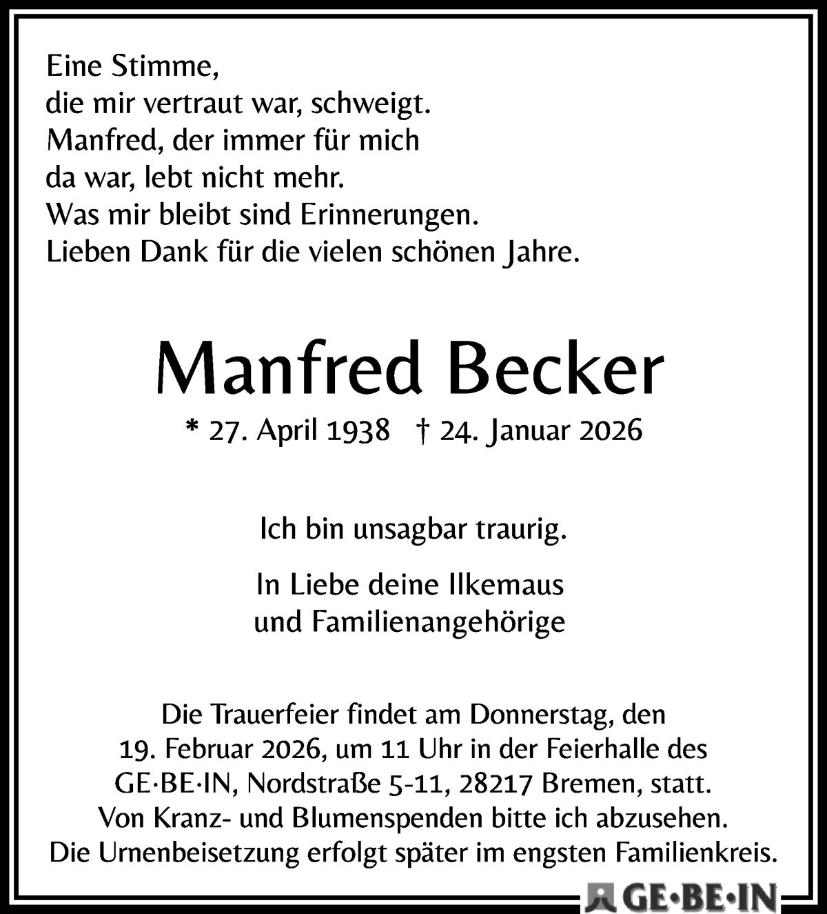 Traueranzeige von Manfred Becker von WESER-KURIER