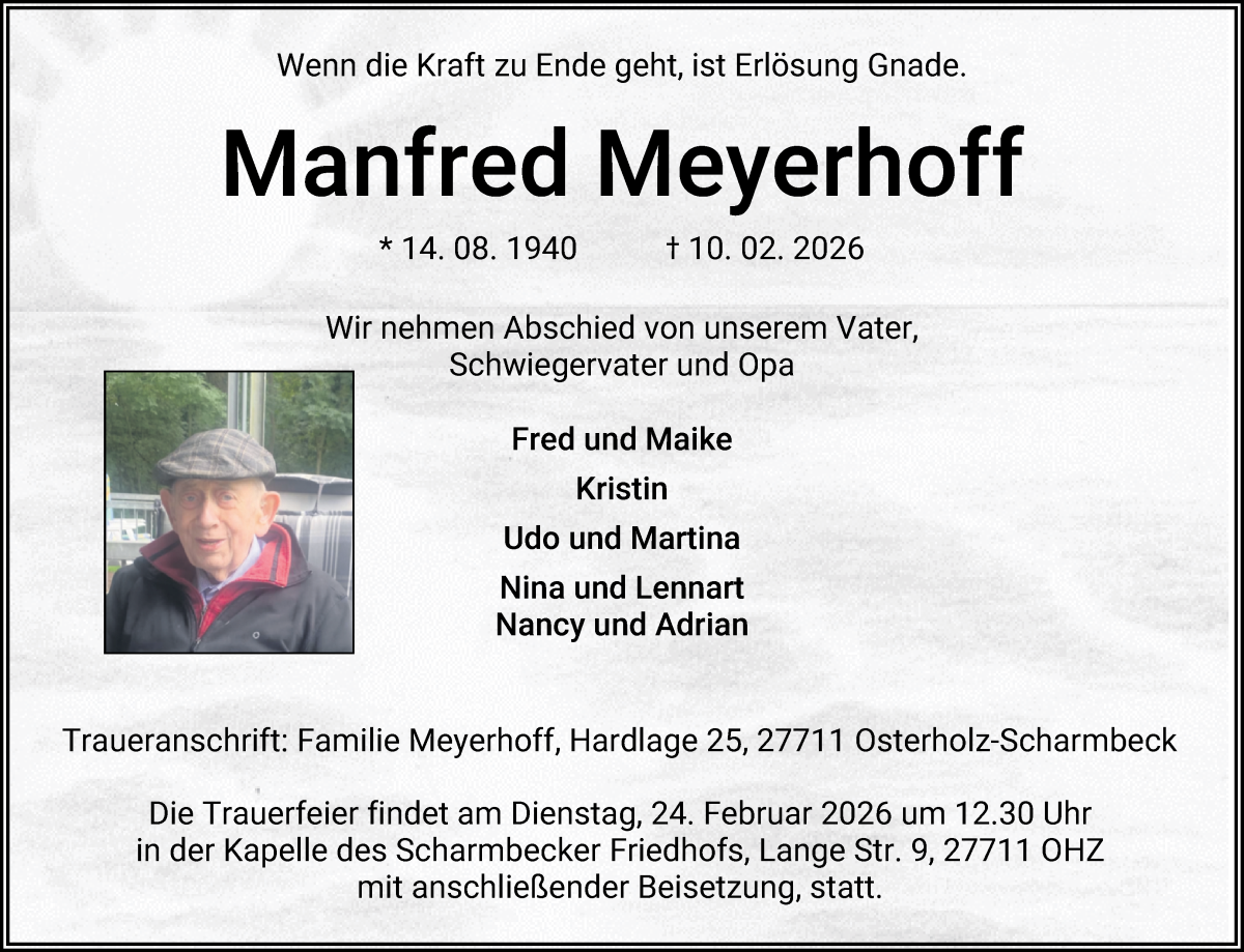 Traueranzeige von Manfred Meyerhoff von Osterholzer Kreisblatt