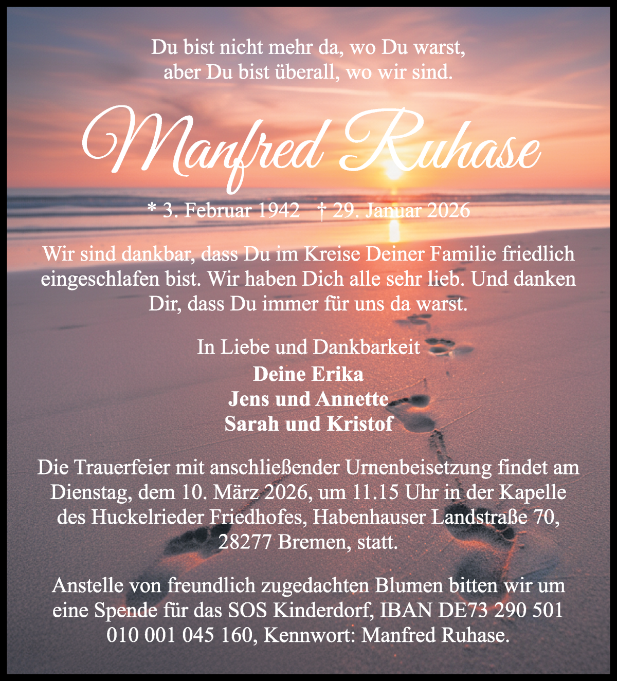 Traueranzeige von Manfred Ruhase von WESER-KURIER