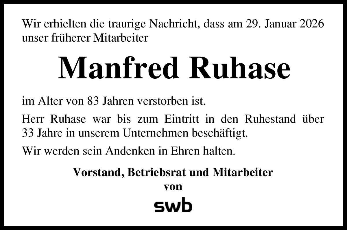 Traueranzeige von Manfred Ruhase von WESER-KURIER