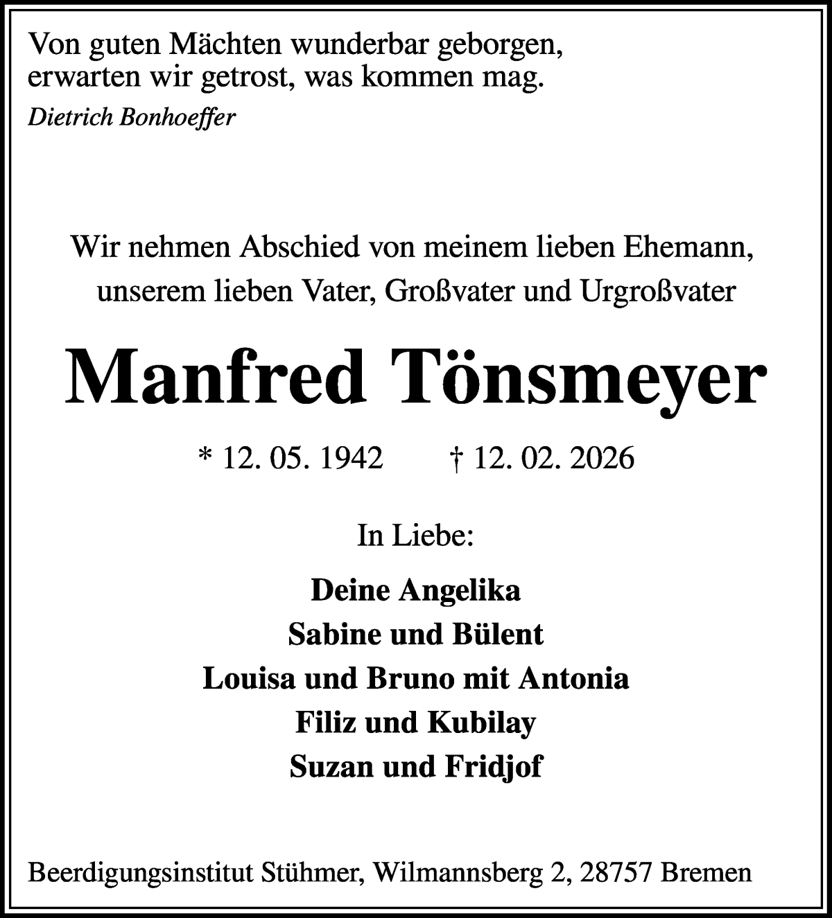 Traueranzeige von Manfred Tönsmeyer von WESER-KURIER