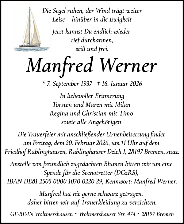 Traueranzeige von Manfred Werner von WESER-KURIER