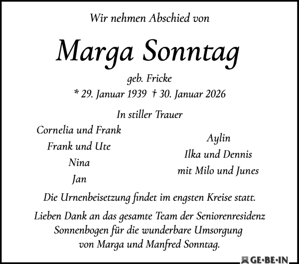 Traueranzeige von Marga Sonntag von WESER-KURIER