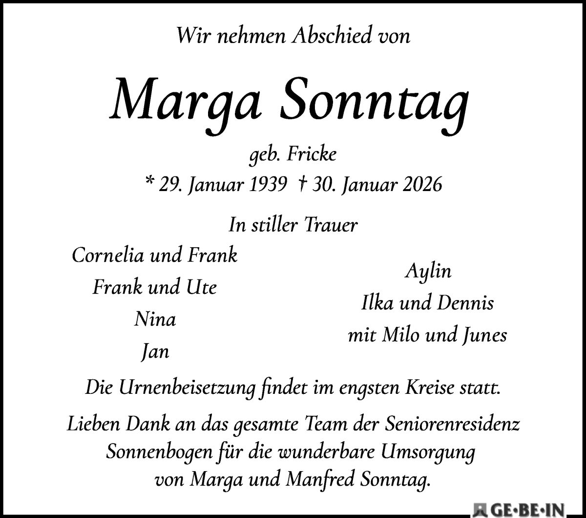 Traueranzeige von Marga Sonntag von WESER-KURIER