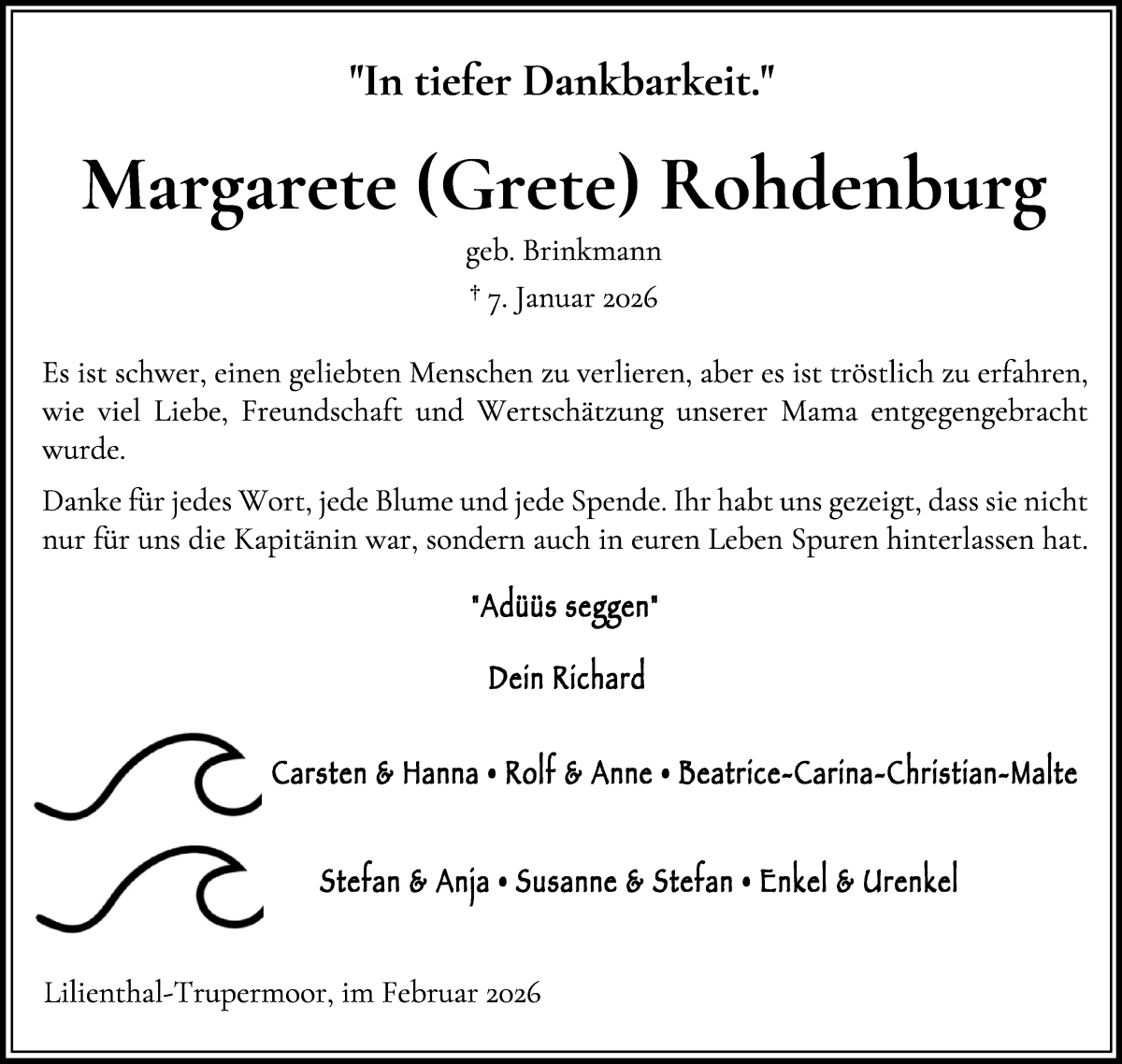 Traueranzeige von Margarete Rohdenburg von Wuemme Zeitung