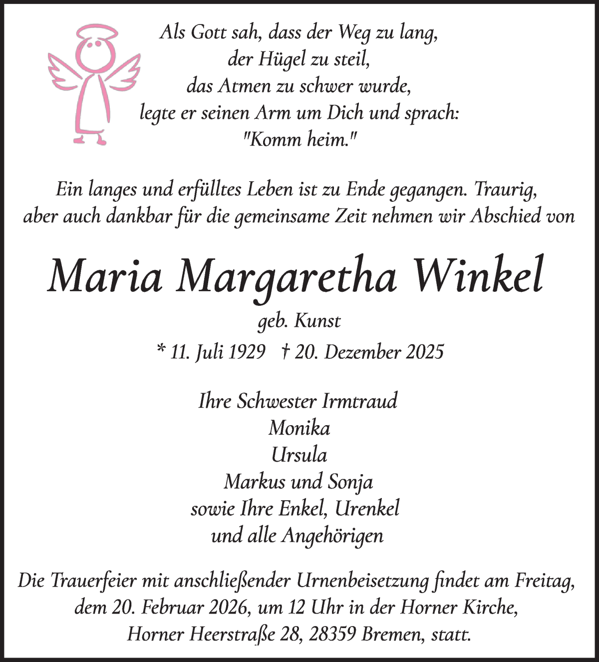 Traueranzeige von Maria Margaretha Winkel von WESER-KURIER