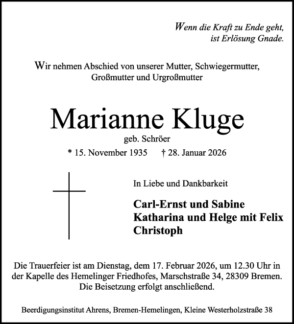Traueranzeige von Marianne Kluge von WESER-KURIER