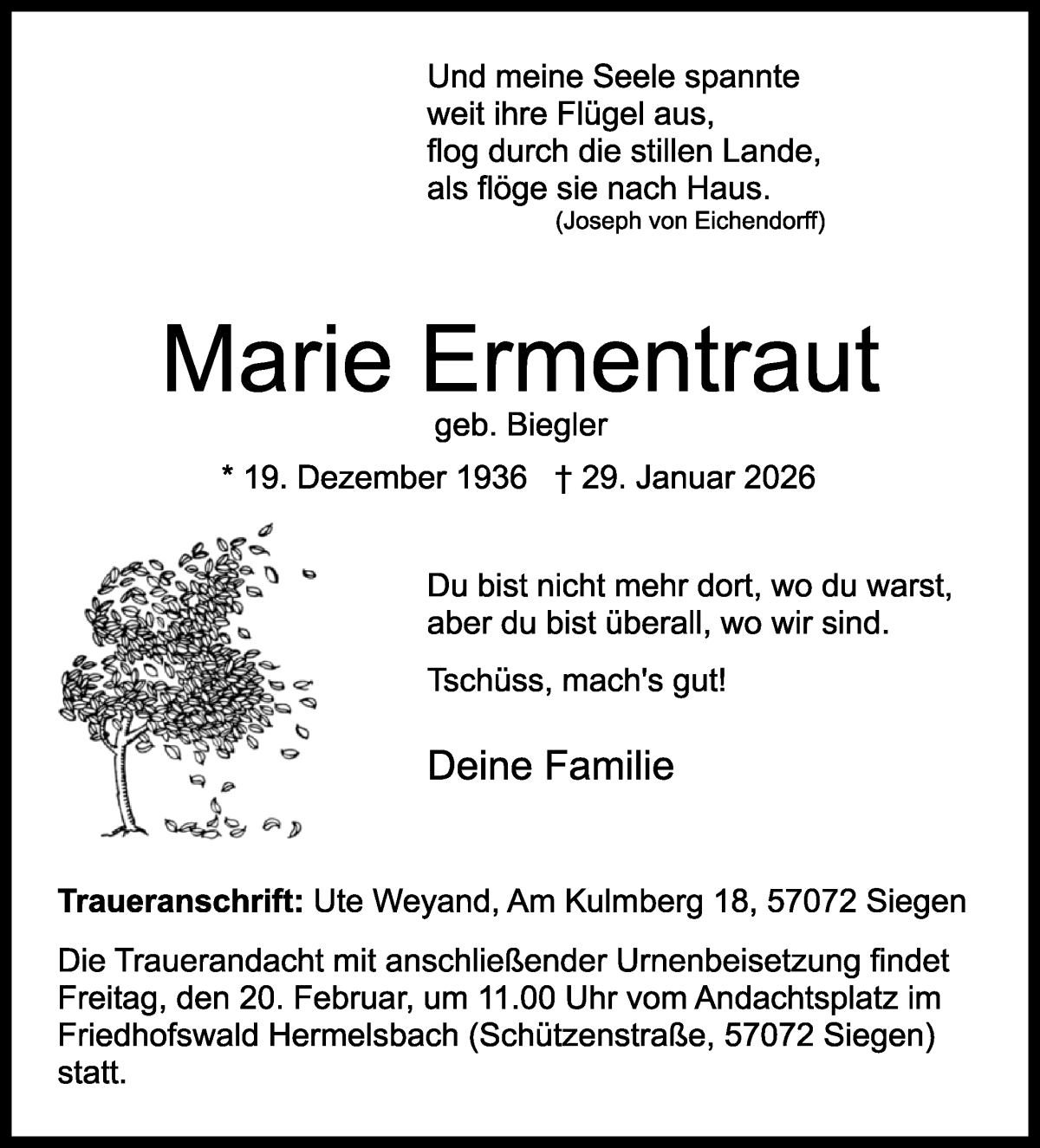 Traueranzeige von Marie Ermentraut von WESER-KURIER