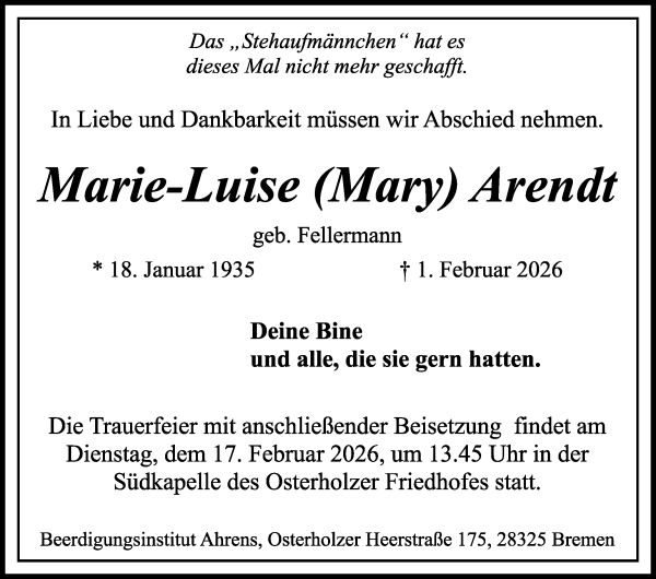 Traueranzeige von Marie-Luise Arendt von WESER-KURIER