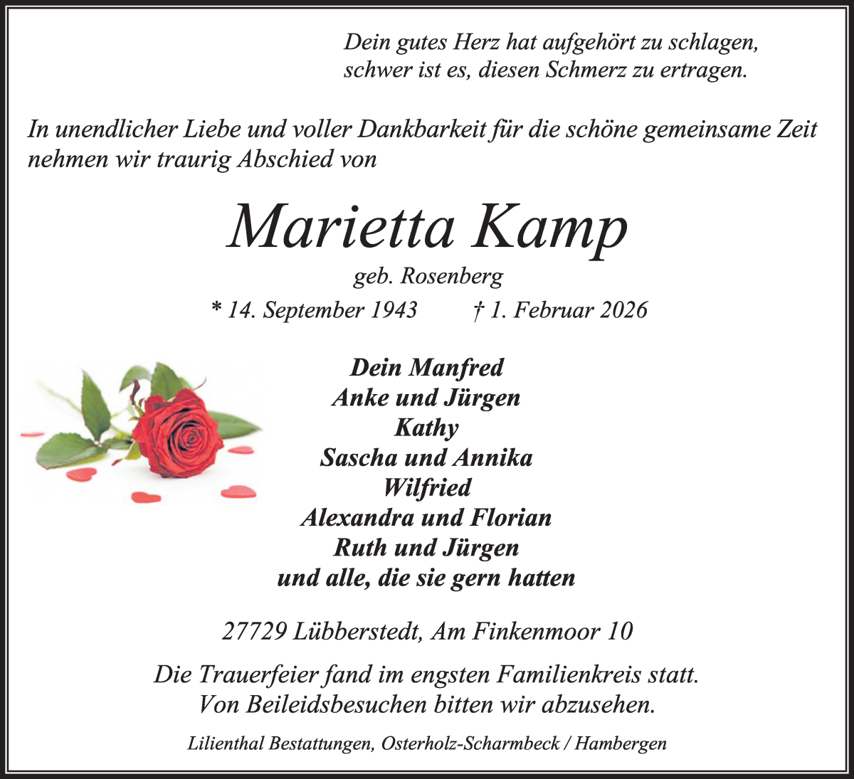 Traueranzeige von Marietta Kamp von Osterholzer Kreisblatt