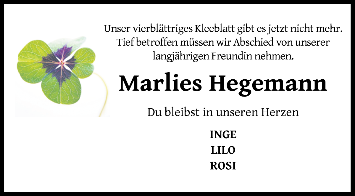 Traueranzeige von Marlies Hegemann von WESER-KURIER