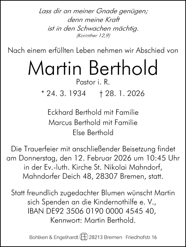 Traueranzeige von Martin Berthold von WESER-KURIER
