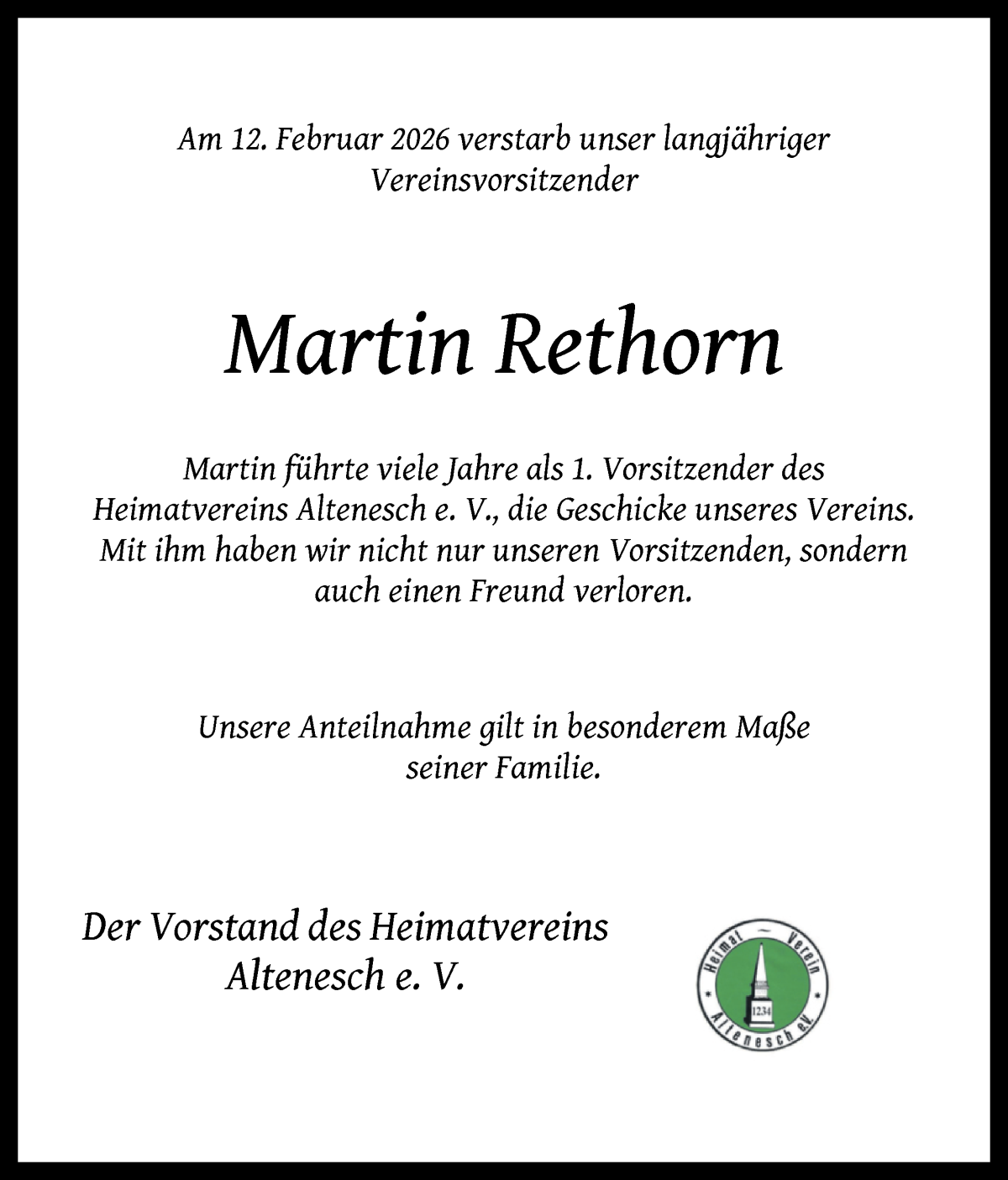 Traueranzeige von Martin  Rethorn von Die Norddeutsche