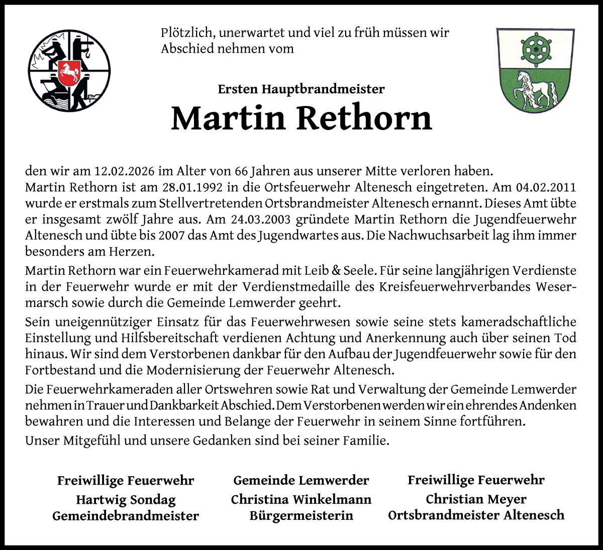 Traueranzeige von Martin  Rethorn von Die Norddeutsche