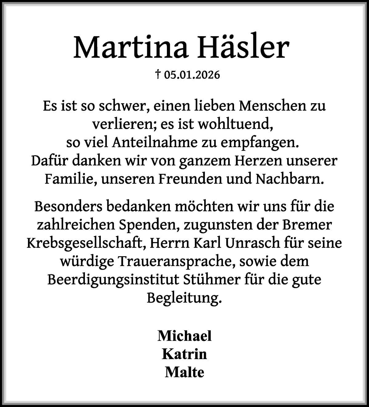 Traueranzeige von Martina Häsler von Die Norddeutsche