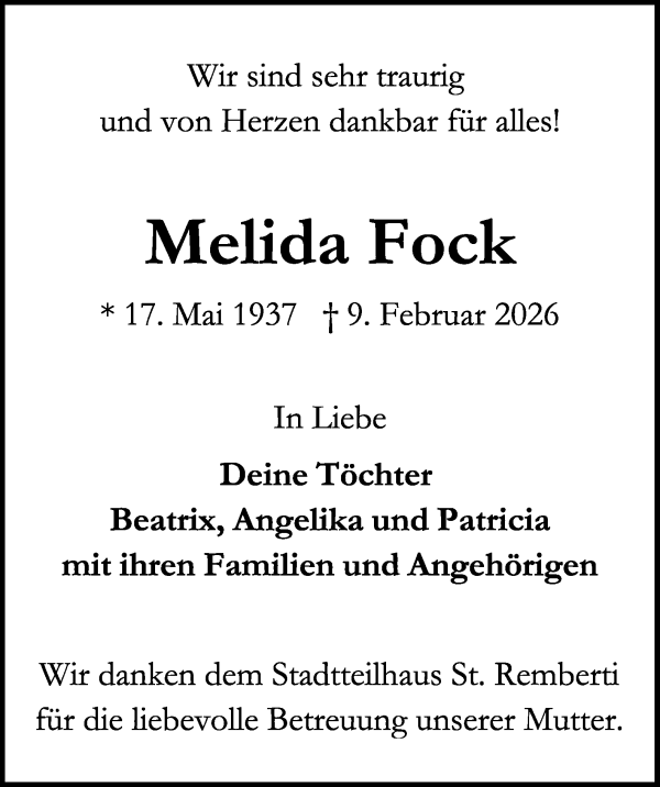 Traueranzeige von Melida Fock von WESER-KURIER