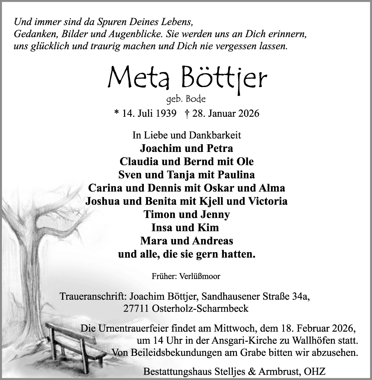 Traueranzeige von Meta Böttjer von Osterholzer Kreisblatt