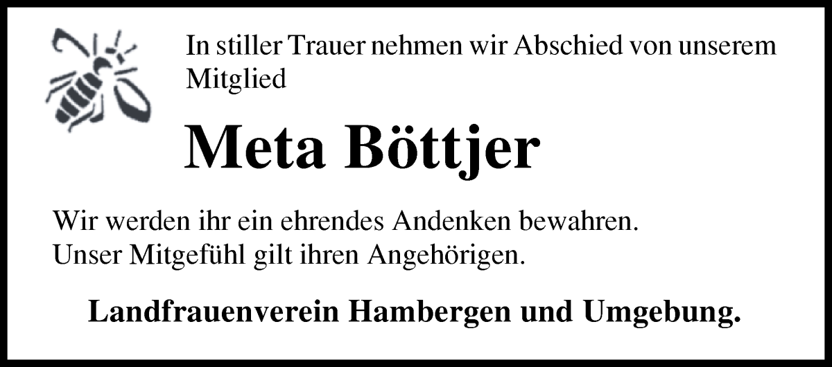 Traueranzeige von Meta Böttjer von Osterholzer Kreisblatt