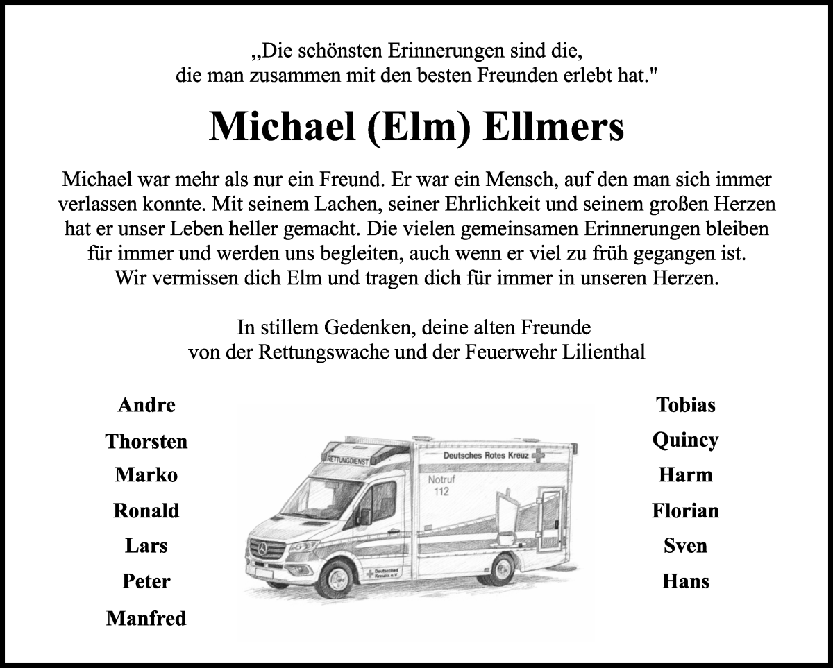  Traueranzeige für Michael Ellmers vom 21.02.2026 aus Wuemme Zeitung