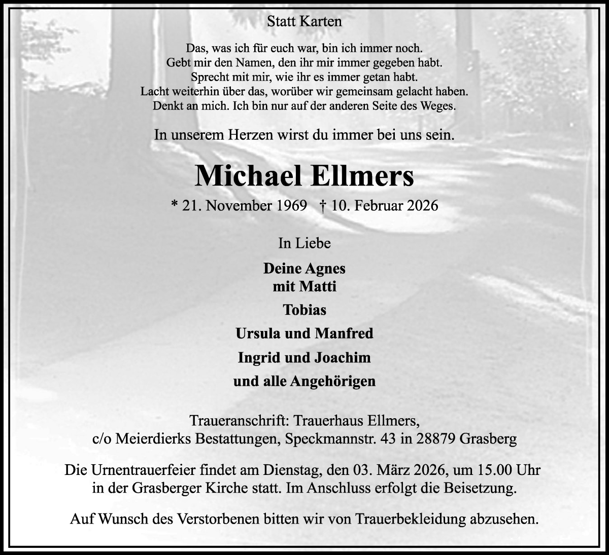  Traueranzeige für Michael Ellmers vom 21.02.2026 aus Wuemme Zeitung