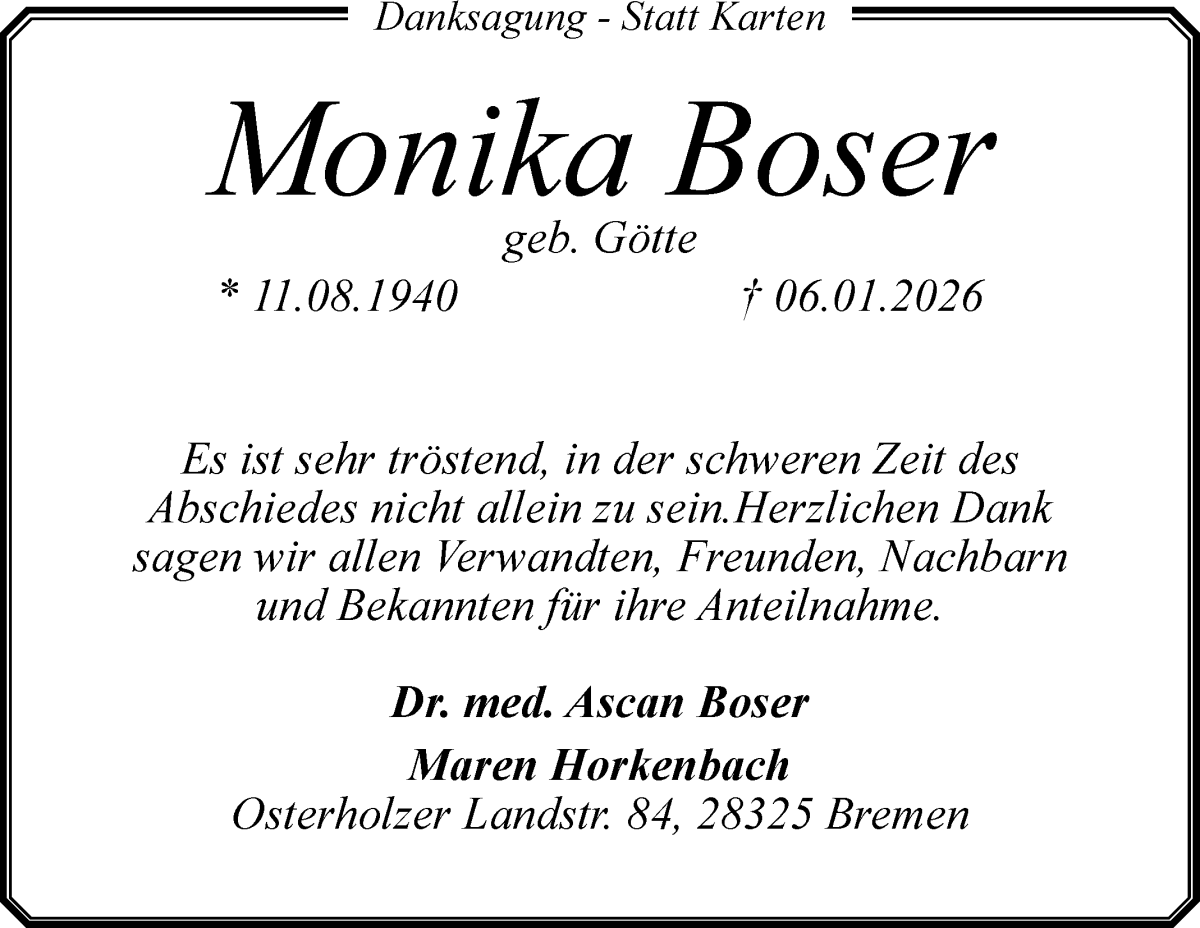 Traueranzeige von Monika Boser von WESER-KURIER