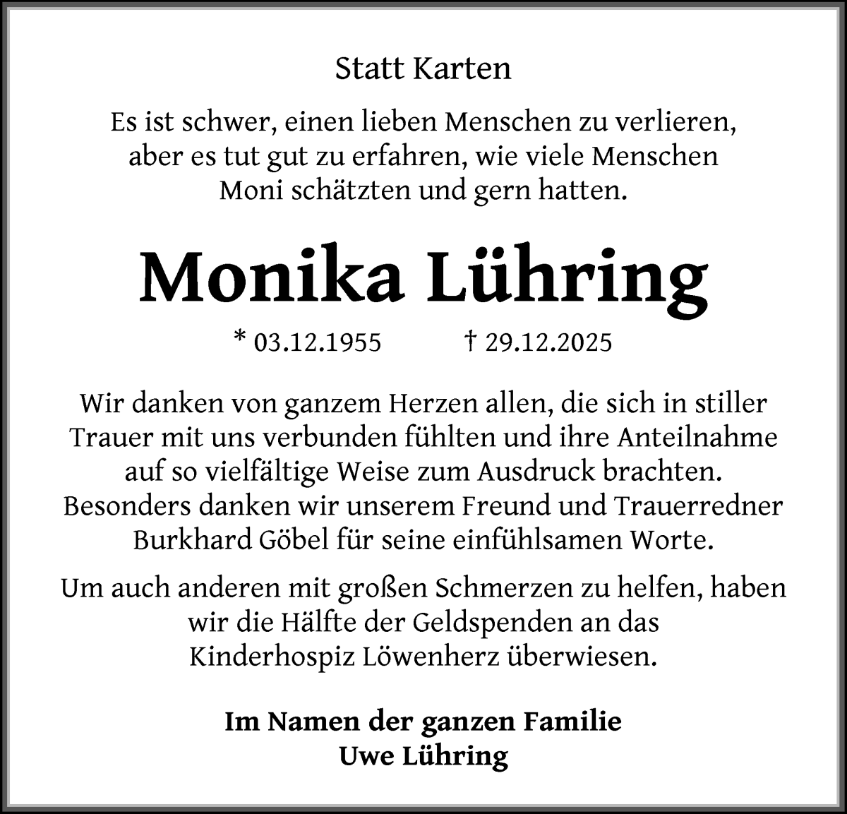 Traueranzeige von Monika Lühring von WESER-KURIER