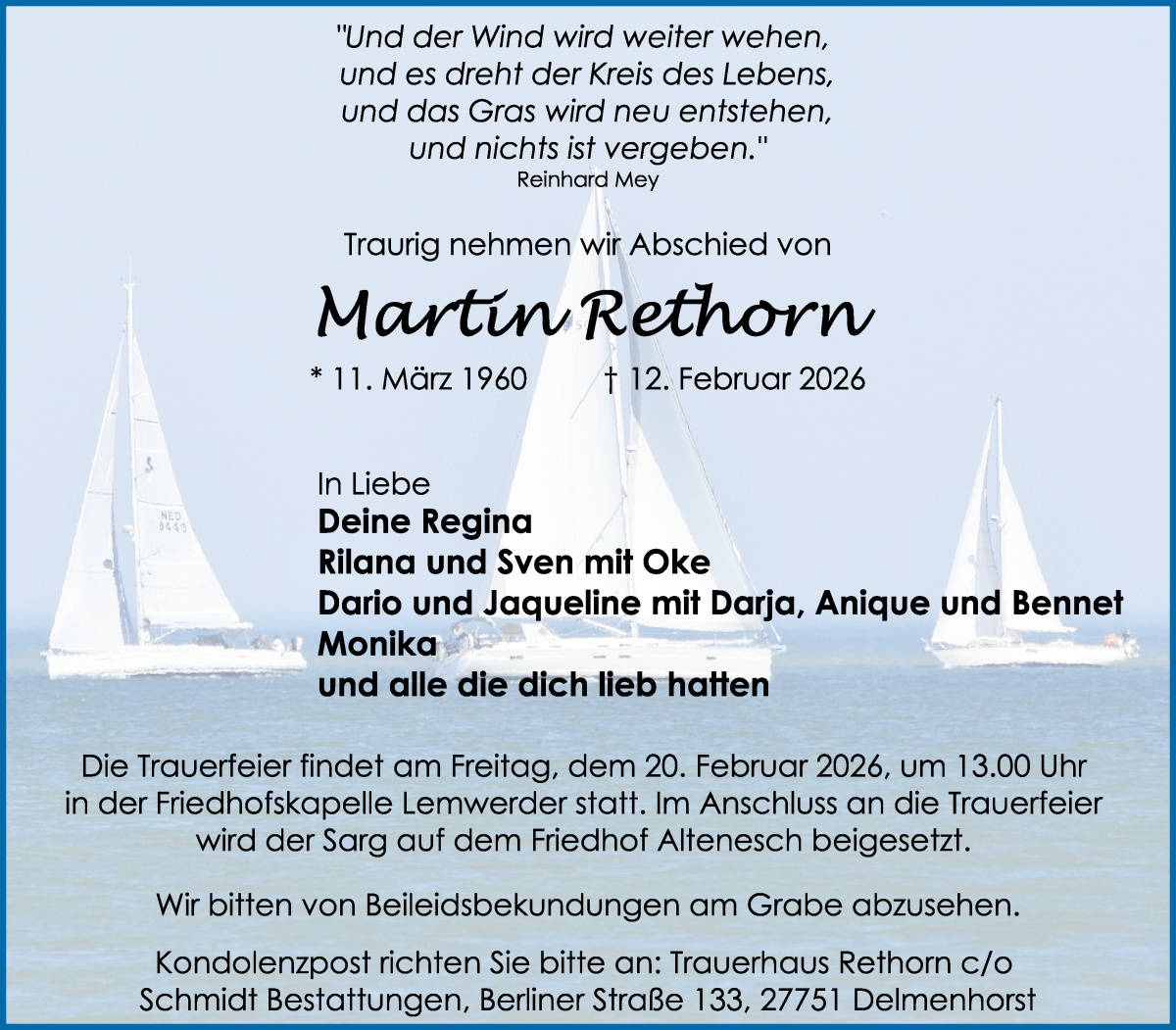  Traueranzeige für Martin  Rethorn vom 17.02.2026 aus Die Norddeutsche