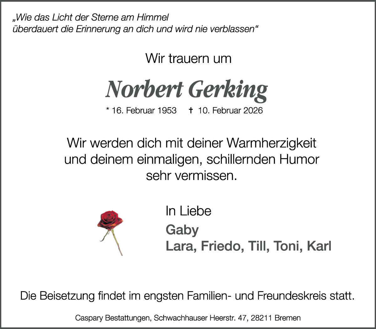 Traueranzeige von Norbert Gerking von WESER-KURIER