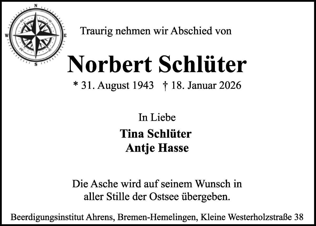 Traueranzeige von Norbert Schlüter von WESER-KURIER