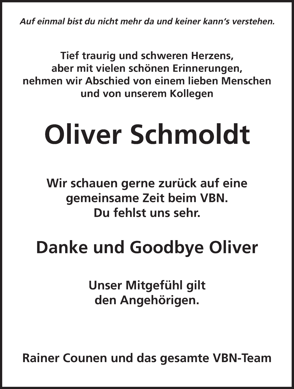 Traueranzeige von Oliver Schmoldt von WESER-KURIER