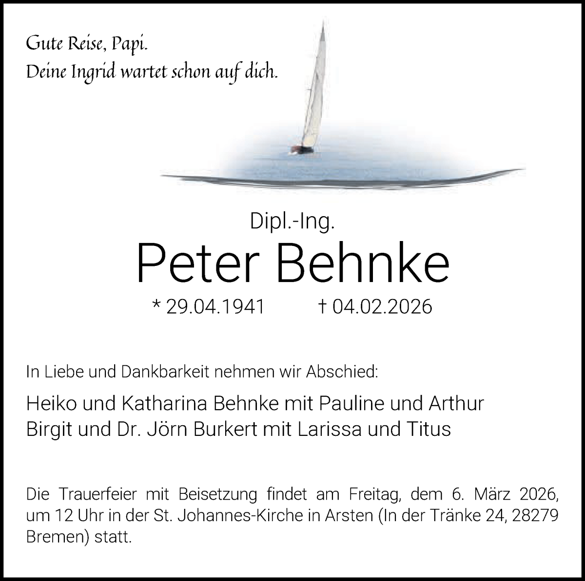 Traueranzeige von Peter Behnke von WESER-KURIER