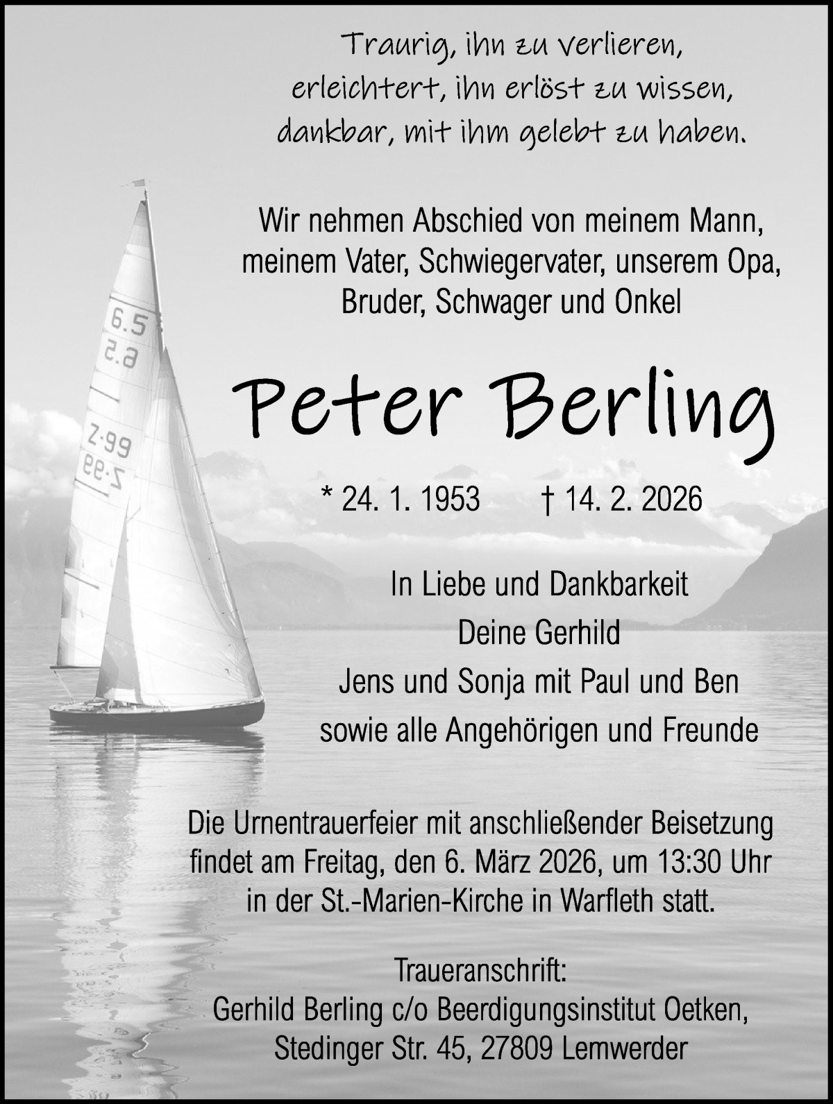 Traueranzeige von Peter Berling von Die Norddeutsche