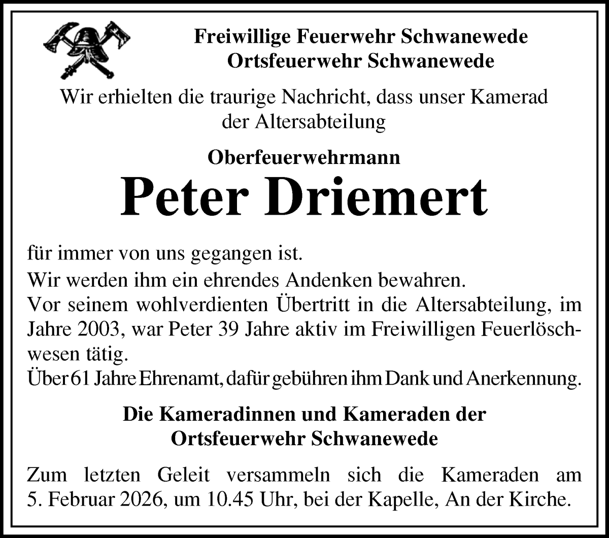 Traueranzeige von Peter Driemert von Die Norddeutsche