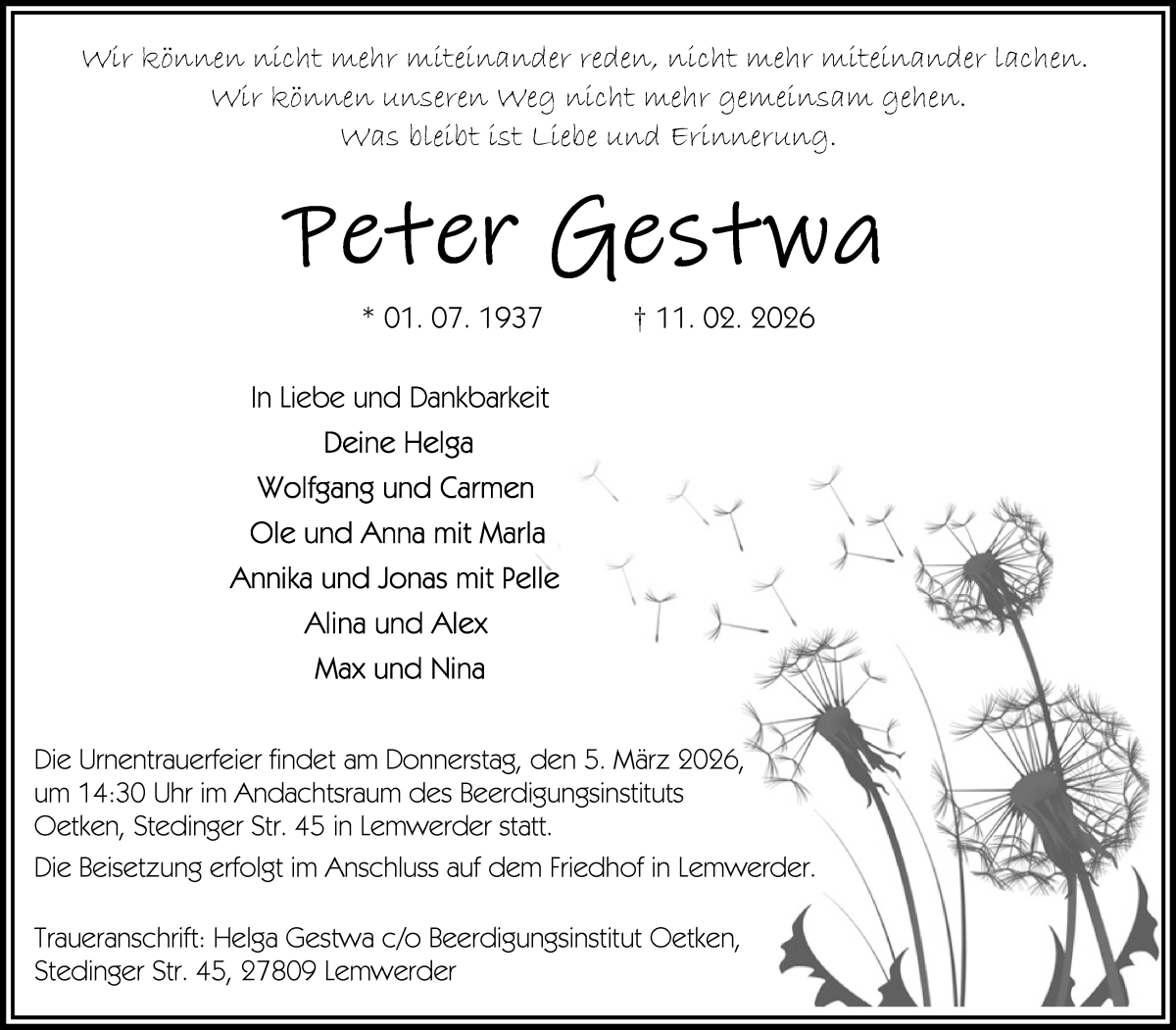 Traueranzeige von Peter Gestwa von Die Norddeutsche