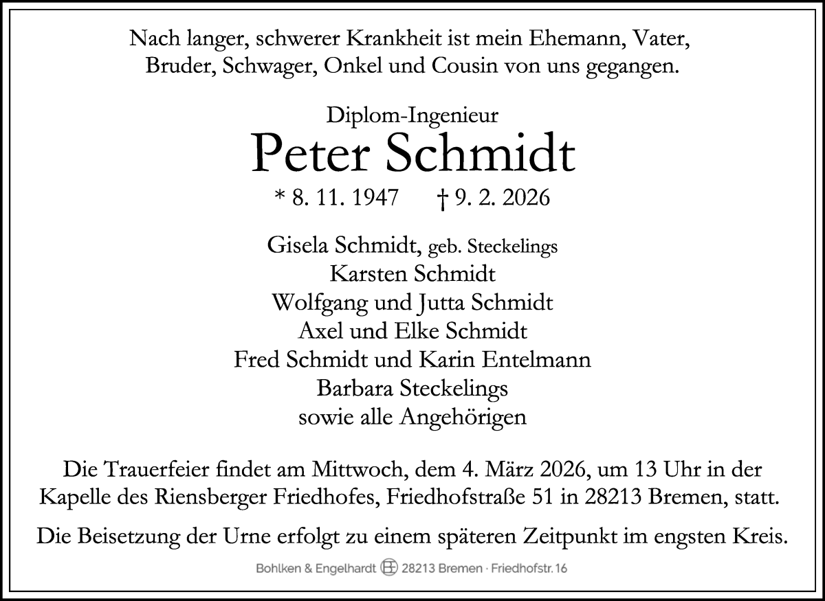 Traueranzeige von Peter Schmidt von WESER-KURIER