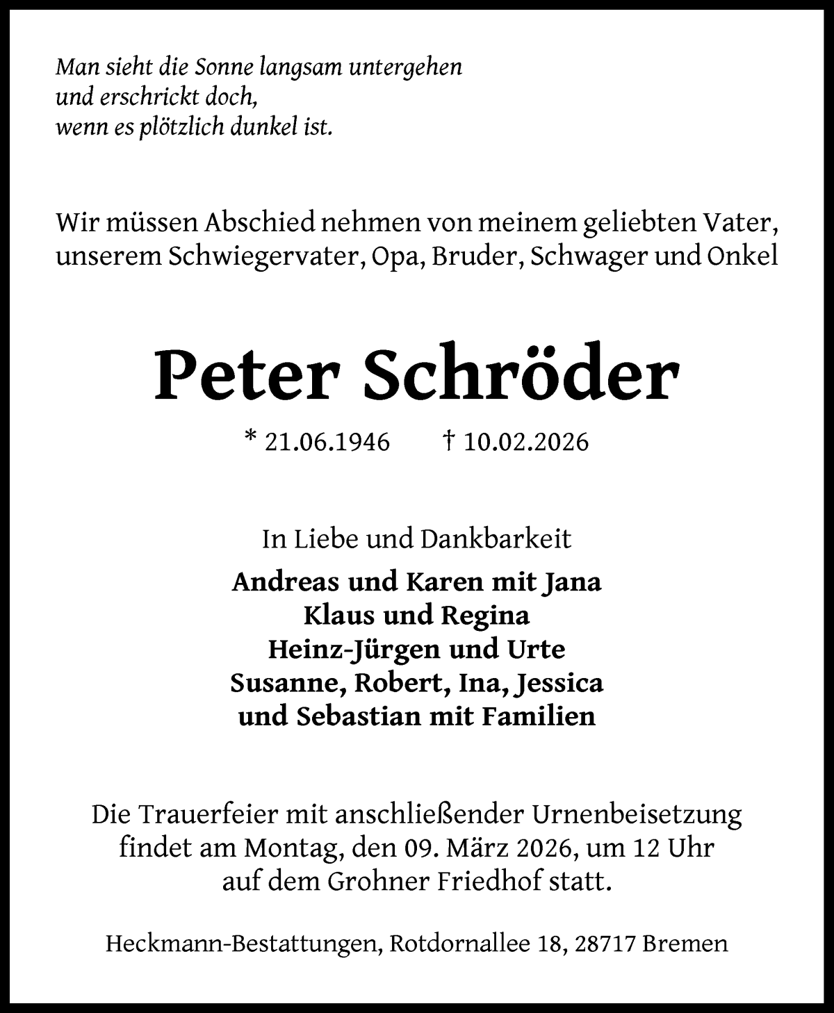 Traueranzeige von Peter Schröder von Die Norddeutsche