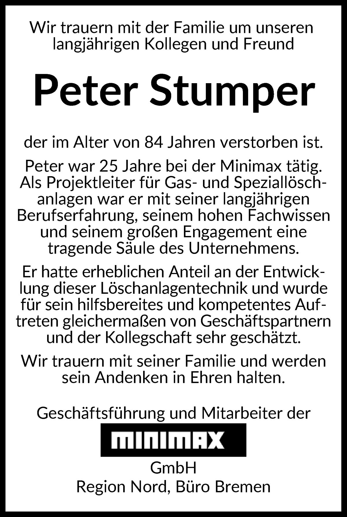 Traueranzeige von Peter Stumper von WESER-KURIER