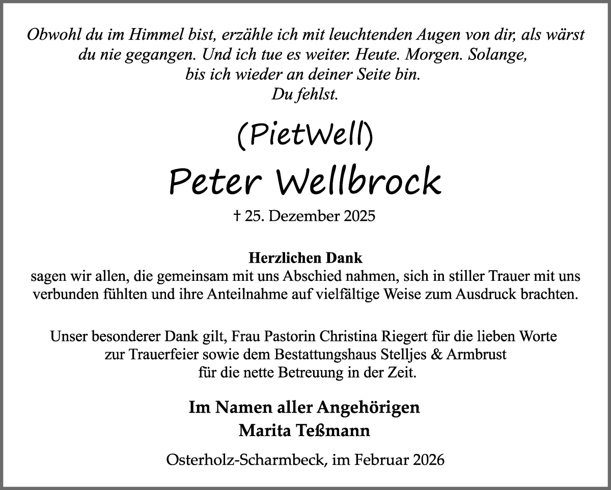 Traueranzeige von Peter Wellbrock von Osterholzer Kreisblatt