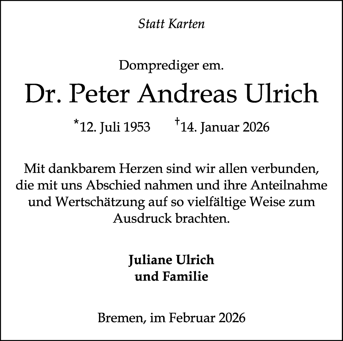 Traueranzeige von Peter Andreas Ulrich von WESER-KURIER