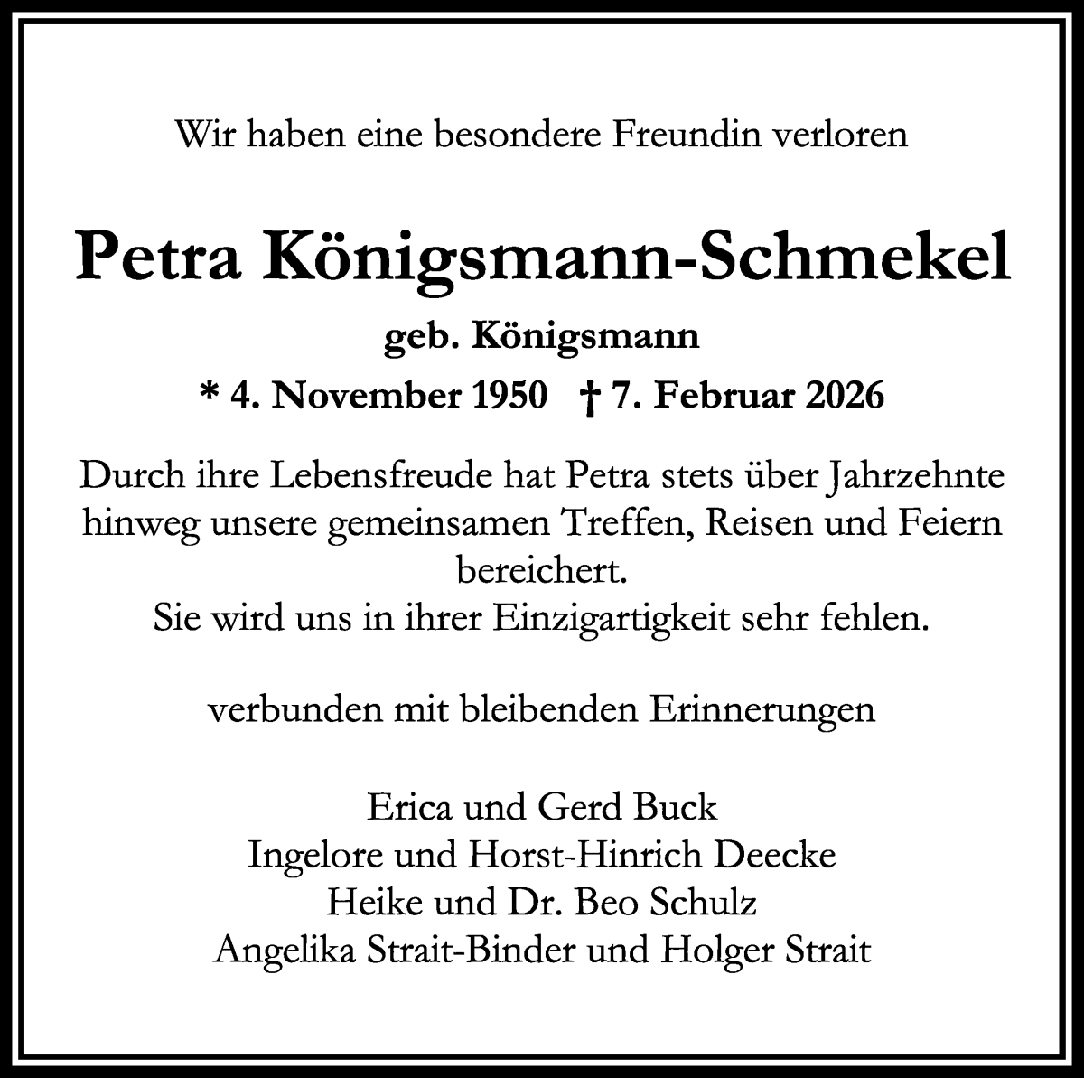 Traueranzeige von Petra Konigsmann-Schmekel von WESER-KURIER