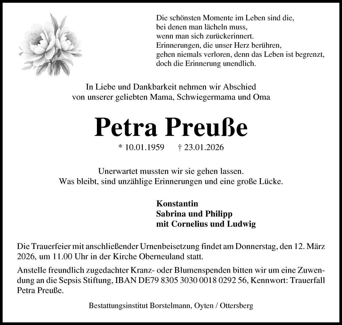  Traueranzeige für Petra Preuße vom 21.02.2026 aus WESER-KURIER