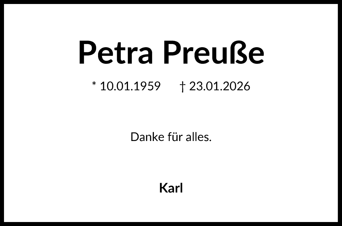  Traueranzeige für Petra Preuße vom 21.02.2026 aus WESER-KURIER