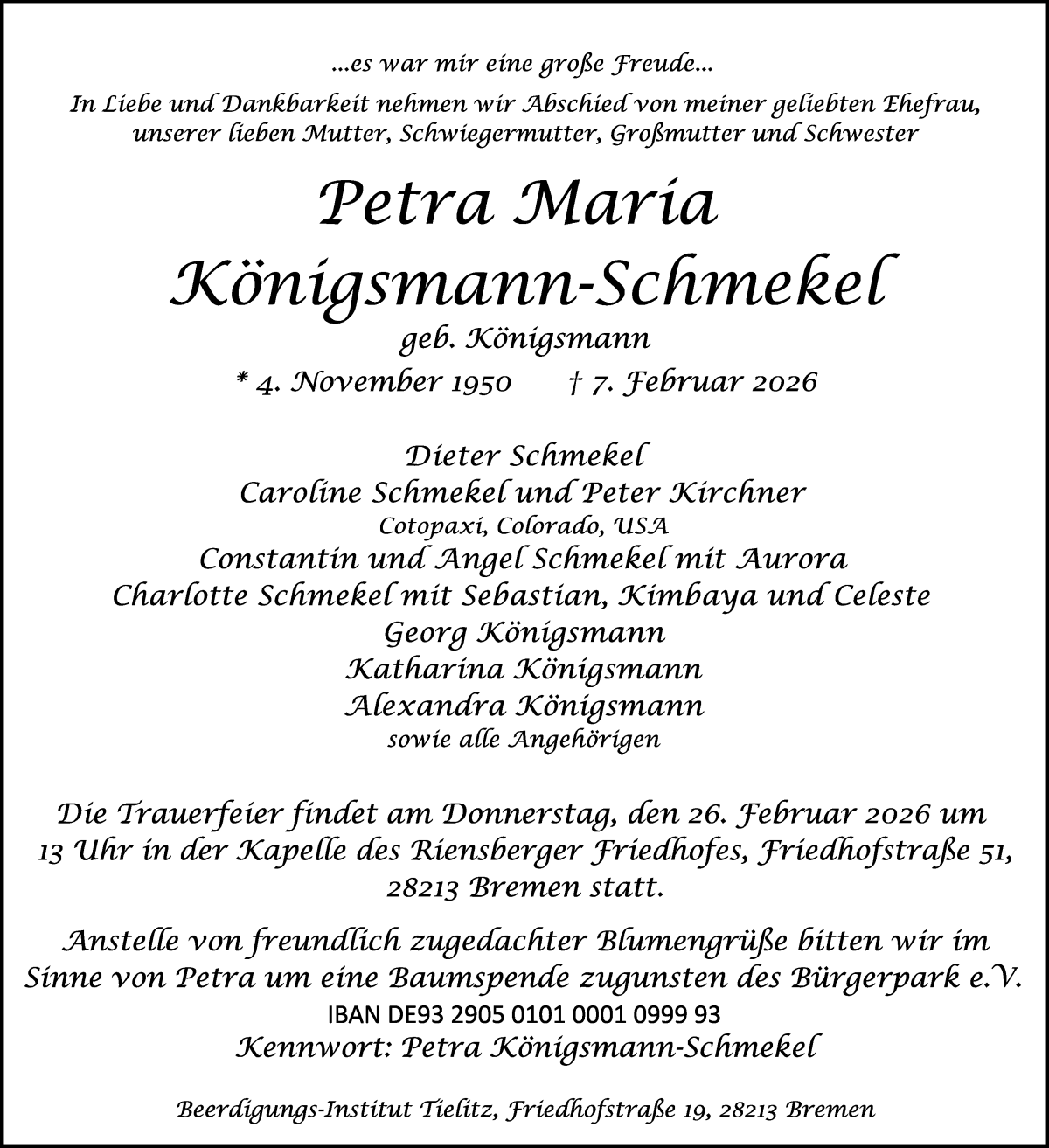 Traueranzeige von Petra Maria Konigsmann-Schmekel von WESER-KURIER