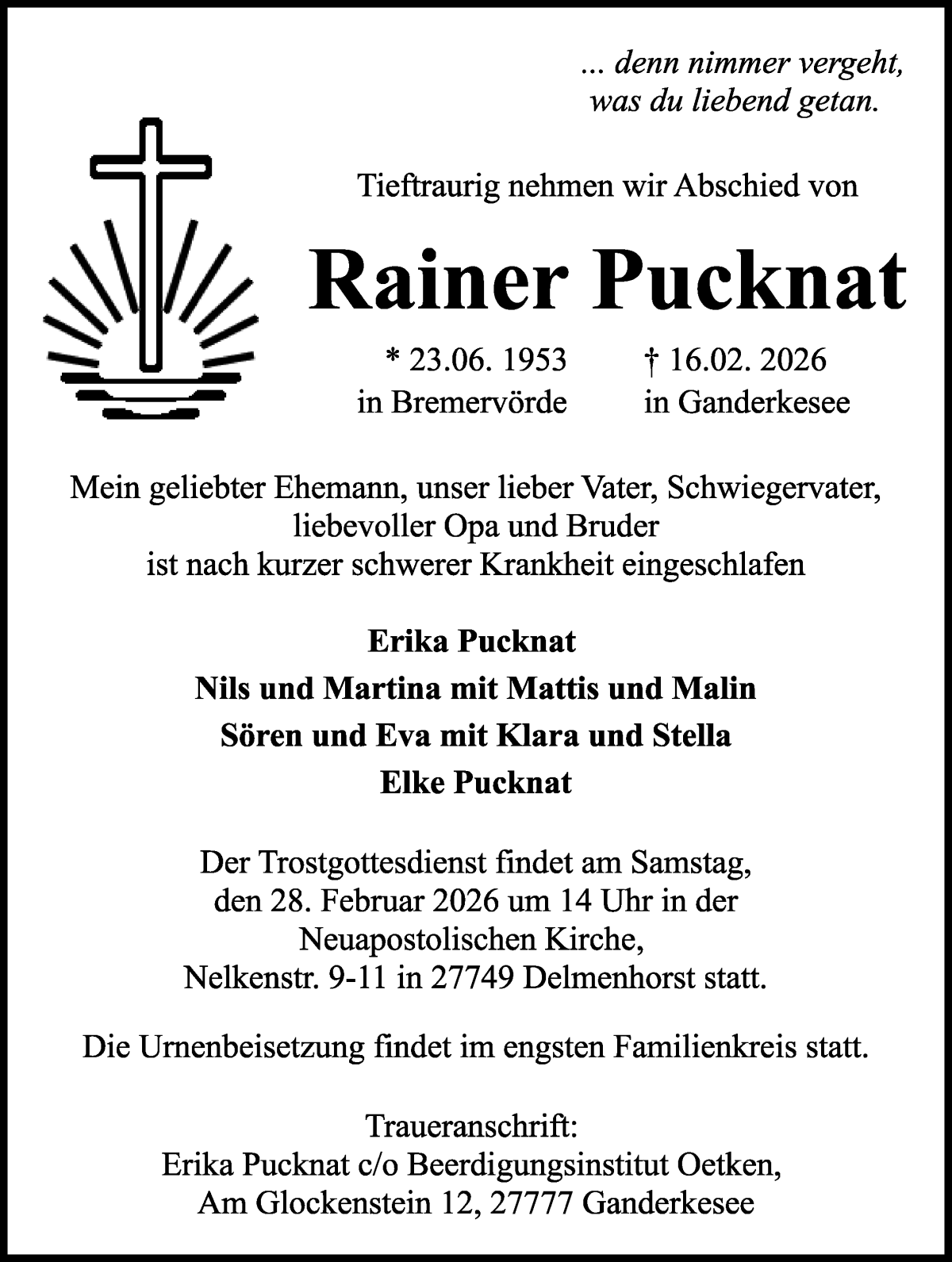 Traueranzeige von Rainer Pucknat von WESER-KURIER