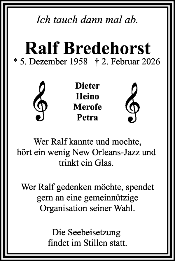 Traueranzeige von Ralf Bredehorst von WESER-KURIER