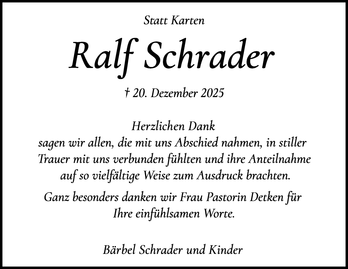  Traueranzeige für Ralf Schrader vom 14.02.2026 aus WESER-KURIER